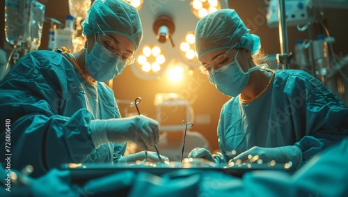 Doctor and nurse selecting surgical tools in tray photo