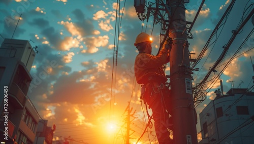 An electrician is repairing the electrical system on a utility pole photo
