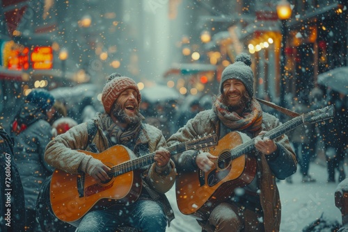 Two musicians brave the cold, strumming their guitars in the wintry streets, their melodies blending with the falling snow and their warm clothing keeping them in perfect harmony