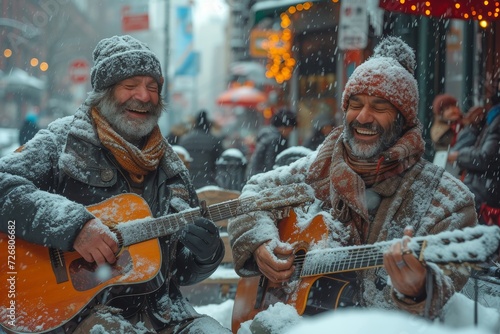Two men strumming guitars in the snowy city streets, their faces illuminated by the warmth of music and their clothing blending with the winter landscape © Larisa AI
