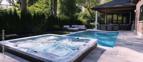 Backyard hot tub accompanies residential outdoor swimming pool.