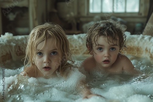 A joyful toddler and baby share a moment of innocence and play in the warm embrace of a bathtub, their wet hair and beaming faces reflecting the pure joy of childhood