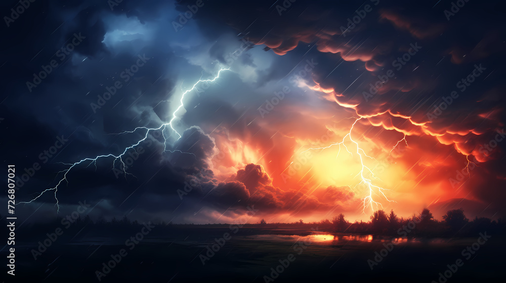 Lightning on the sky, gloomy ominous storm clouds background