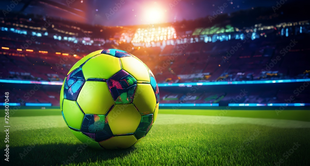Naklejka premium 夜のスタジアム、フィールドにサッカーボール。コピースペースの背景。｜Soccer ball in sports field in stadium at night.Background with copy space. Generative AI 