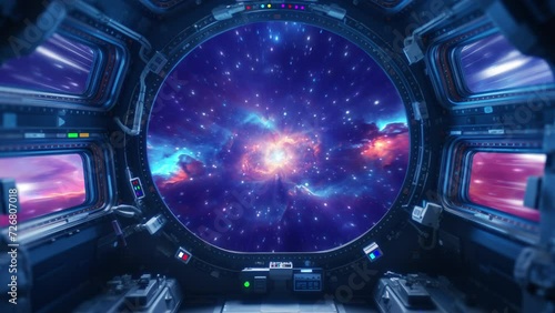 Distant space flight with a view from the cockpit of a spaceship