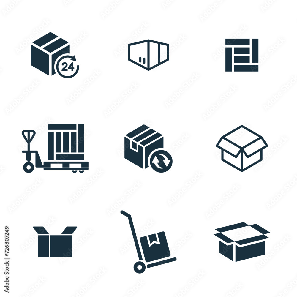 9 icons set on white background. online delivery service business. Parcel container, packaging boxes, web design for applications. 9 icons set on white background. online delivery service business. Parcel container, packaging boxes, web design for applications.