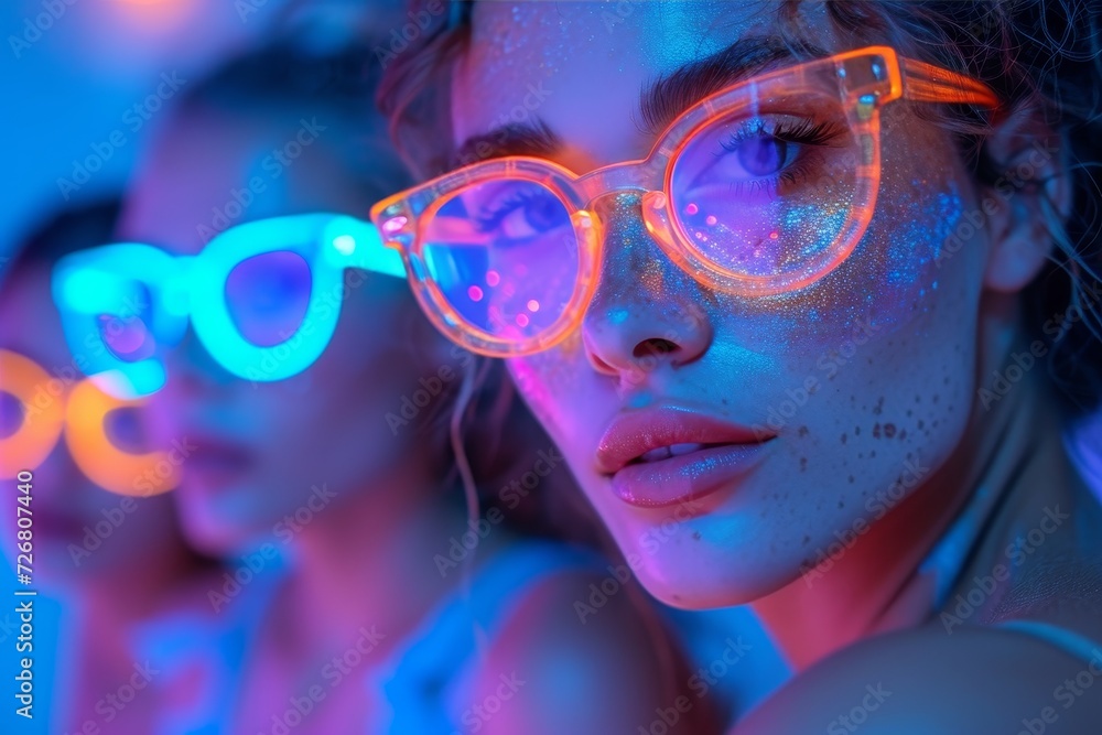 A vibrant woman adorned in neon glasses adds a pop of color to the outdoor scenery, exuding confidence and modern style