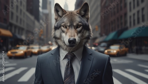 the wolf man, dressed in a dark blue suit and red tie. businessman on wall street. concept for king of marketing and broker, advertising or artistic purposes.