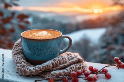 A warm cup of coffee adorned with a delicate leaf design, nestled on a cozy scarf amidst a backdrop of vibrant berries, evokes a sense of comfort and serenity on a chilly winter morning
