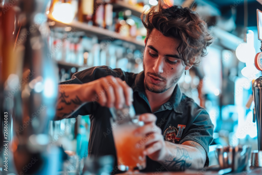 bartender mixing a drink in a bar with a shaker and a cool look on their face and a shirt with a logo on their chest - obrazy, fototapety, plakaty 