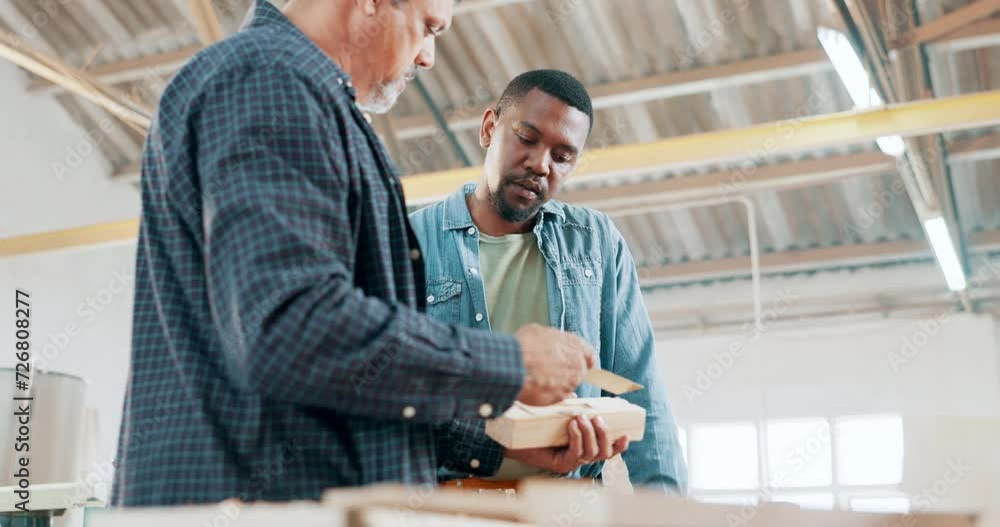 Engineering, teamwork and carpenter with manager in a workshop manufacturing furniture. Woodwork planning, production tools or industrial worker in warehouse talking or speaking of building timber Engineering, teamwork and carpenter with manager in a workshop manufacturing furniture. Woodwork planning, production tools or industrial worker in warehouse talking or speaking of building timber