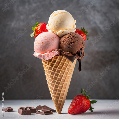 Ice cream cone with three flavors, against a dark wall background