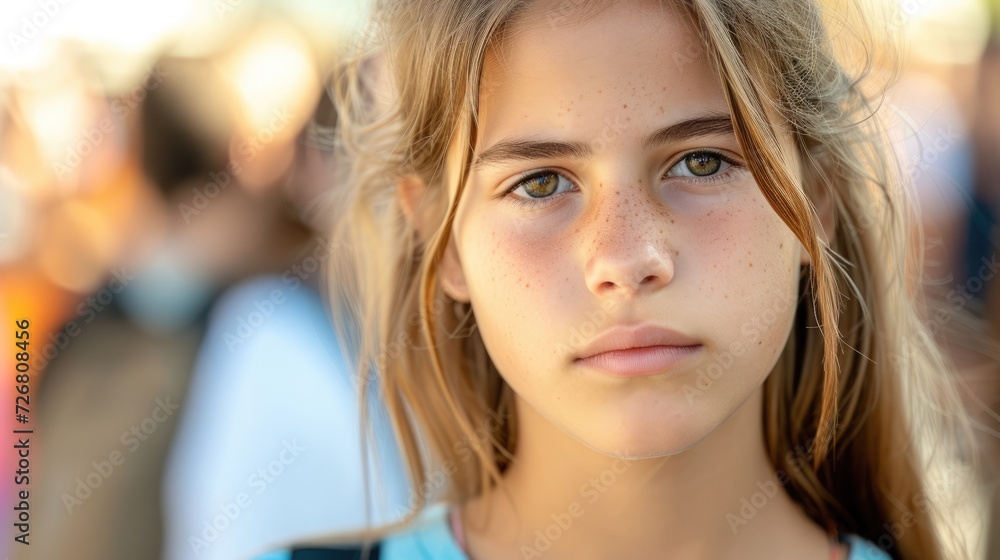 A teenage girl with a serious expression on her face participating in a protest to raise awareness and advocate for the rights of those seeking asylum. A teenage girl with a serious expression on her face participating in a protest to raise awareness and advocate for the rights of those seeking asylum.
