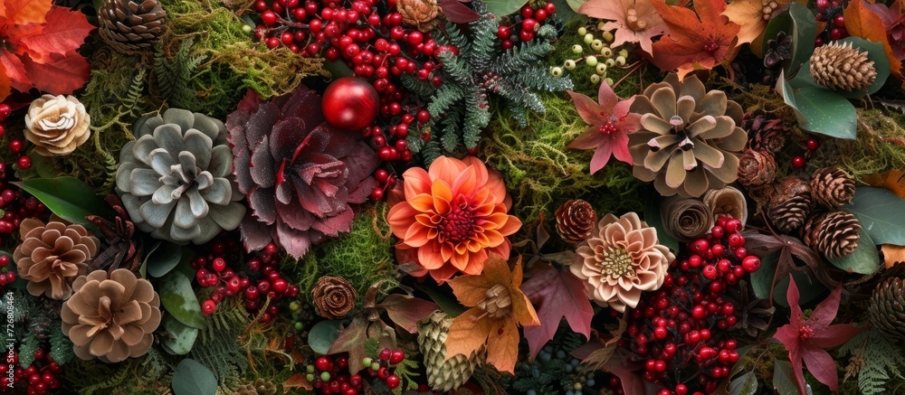 Artistic floral creation composed of vibrant forest finds, featuring moss, winterberries, and foliage in a captivating close-up.