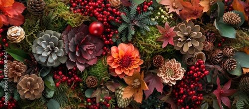 Artistic floral creation composed of vibrant forest finds, featuring moss, winterberries, and foliage in a captivating close-up.