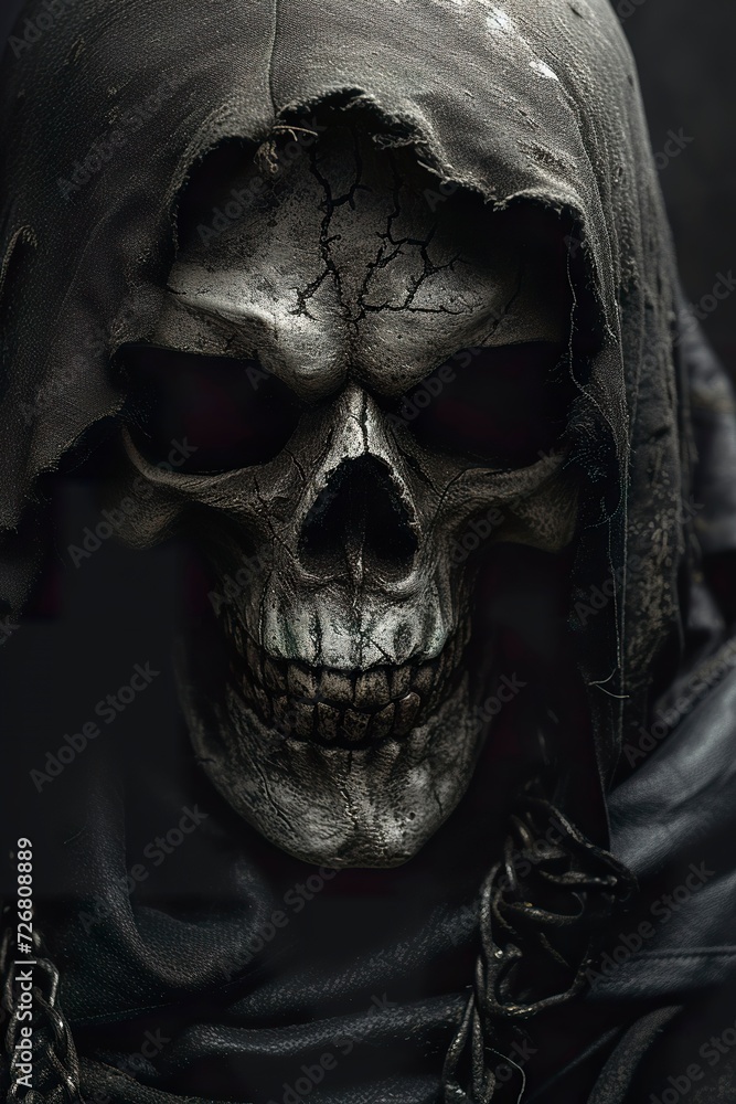 An illustration of the hooded grim reaper in a realistic look. Close-up of the grim reaper's hooded skull shrouded in shadow. Personification of the figure of death. An illustration of the hooded grim reaper in a realistic look. Close-up of the grim reaper's hooded skull shrouded in shadow. Personification of the figure of death.