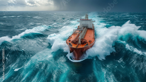 A mive oil tanker navigates through the rough waves of the open sea adhering to strict international regulations for the transport of oil and gas.