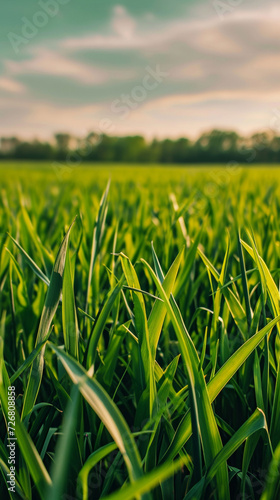 Vibrant Green Grass Field With Blue Sky Background