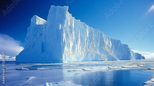 Photographs of towering glaciers and giant icebergs floating in icy waters, conveying the majesty and fragility of polar ecosystems and ice-covered regions.