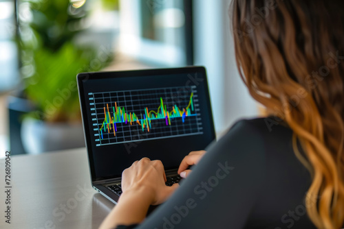 businesswoman analyzing data on her laptop, with a graph on the screen