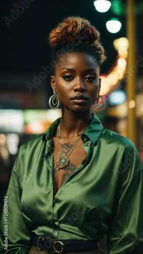 Beautiful black woman model with tattoos in stylish green outfit. Fashion and party concept. Copy space.