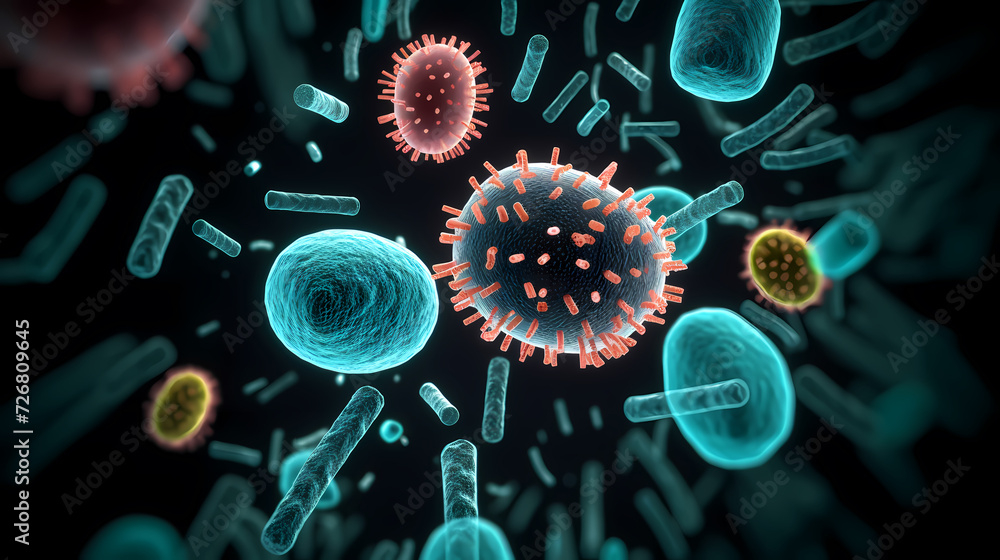 Various shapes of bacteria, probiotics under microscope, science, medicine concept background Various shapes of bacteria, probiotics under microscope, science, medicine concept background
