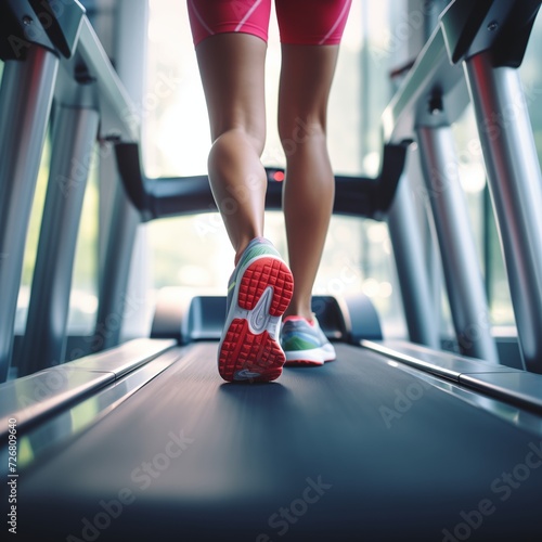 Close-up of a woman's feet on the treadmill, training in the gym or at home © mariodelavega