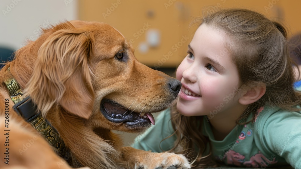 A young girl with autism her face lit up in excitement as she interacts with a therapy dog. A young girl with autism her face lit up in excitement as she interacts with a therapy dog.