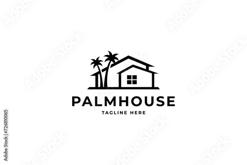 palm house logo vector icon illustration, house with palm tree logo vector, tropical beach house or hotel icon design illustration in flat vector design style
