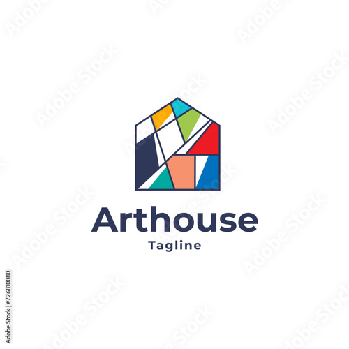 art gallery house logo. Art museum or artist school concept logo with abstract geometric shape house in multicolor design.