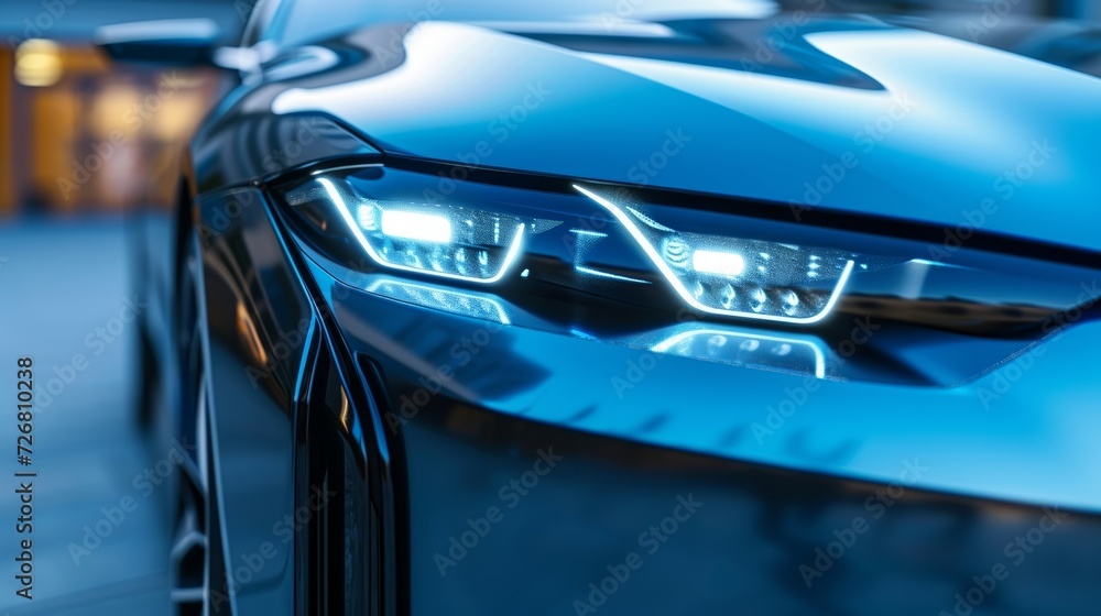 Naklejka premium Closeup of the headlights on a hybrid car featuring a builtin air purifying system that filters out harmful pollutants and reduces the cars carbon footprint.
