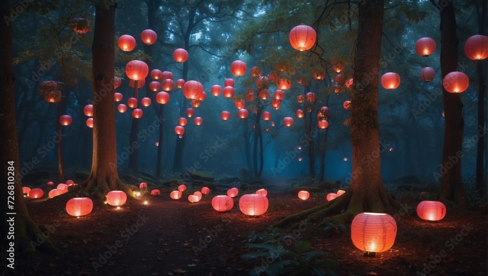 color photo of a dreamlike forest filled with floating lanterns,