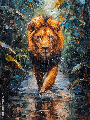 jungle shot, acrylic painting, Lion facing camera, full body pose, focus on Lion - generative ai  photo