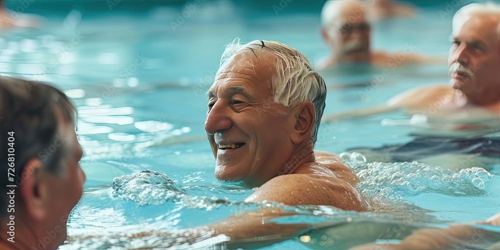 Fototapeta premium Cheerful grandpa and Senior citizens happy and playing in the swimming pool