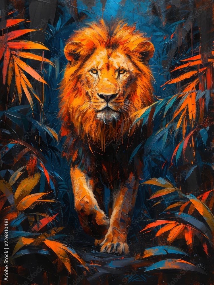 jungle shot, acrylic painting, Lion facing camera, full body pose, focus on Lion - generative ai jungle shot, acrylic painting, Lion facing camera, full body pose, focus on Lion - generative ai