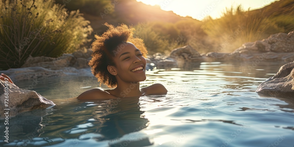 Young black woman on vacation, smiling and relaxing in an outdoor hot springs