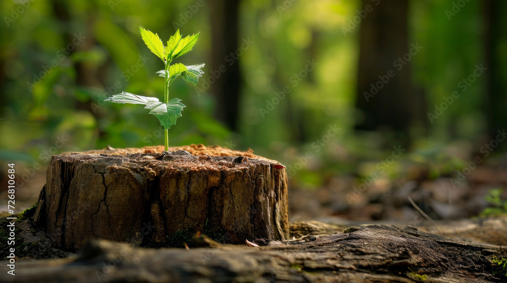 Green Plant Emerging From a Tree Stump in a Forest Green Plant Emerging From a Tree Stump in a Forest