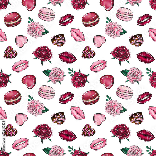 Valentine's day seamless pattern design. Love background. Watercolor illustration. Be my Valentine greeting card design. Roses and macaroons