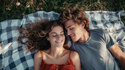 A young couple lying on a blanket in the park their bodies entwined as they share their dreams and fears with each other.