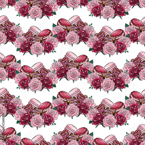 Watercolor illustration. Valentine's day seamless pattern design. Love background. Be my Valentine greeting card design. Roses and macaroons