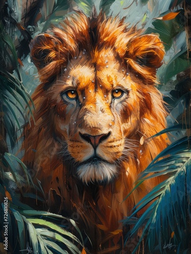 jungle shot  acrylic painting  Lion facing camera  full body pose  focus on Lion - generative ai 