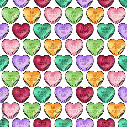 Valentine's day seamless pattern design. Love background. Be my Valentine greeting card design. Watercolor illustration. Sweet hearts candies