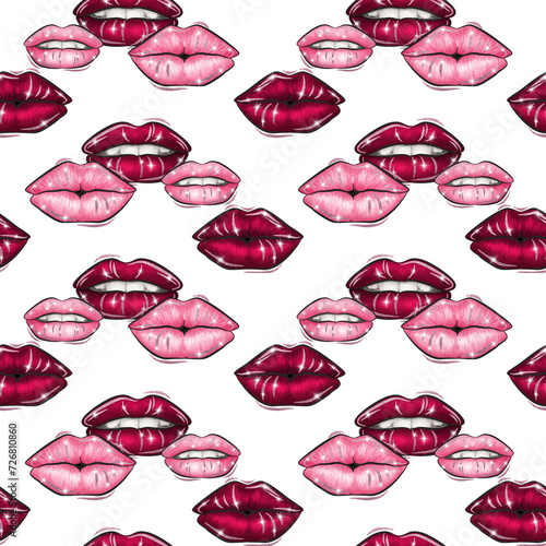 Watercolor illustration. Valentine's day seamless pattern design. Love background. Be my Valentine greeting card design. Lips and kisses