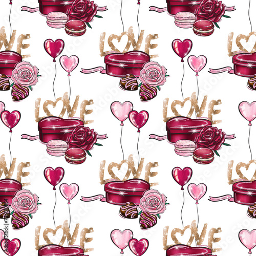 Watercolor illustration. Valentine's day seamless pattern design. Love background. Be my Valentine greeting card design. Roses, macaroons, gift box and baloons