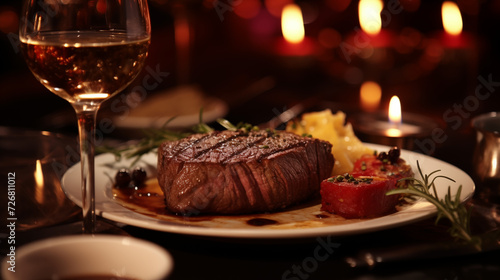 A Portrait of a juicy Beef Filet Steak next to sides, WIne on the Table. Cozy and warm atmosphere.