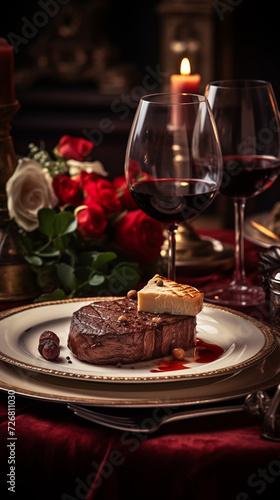 A Portrait of a juicy Beef Filet Steak next to sides  WIne on the Table. Cozy and warm atmosphere.