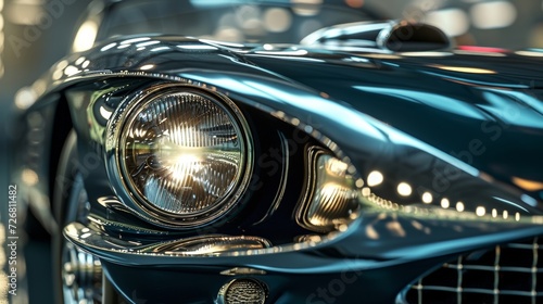 A pair of round headlights framed by a polished metal bezel exude a sense of timeless luxury and serve as a reflection of the cars era.