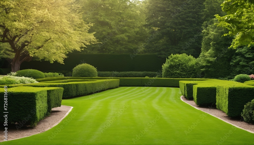 Beautifully manicured lawn on a bright summer day, surrounded by lush trees and bushes