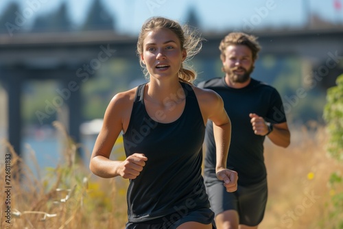 A couple are running together. The woman is in front, wearing black top and shorts and the man is behind her.