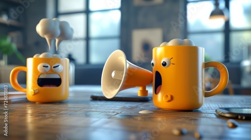A coffee mug using a tiny megaphone to make a point during the meeting while another mug is snoring loudly in the background.